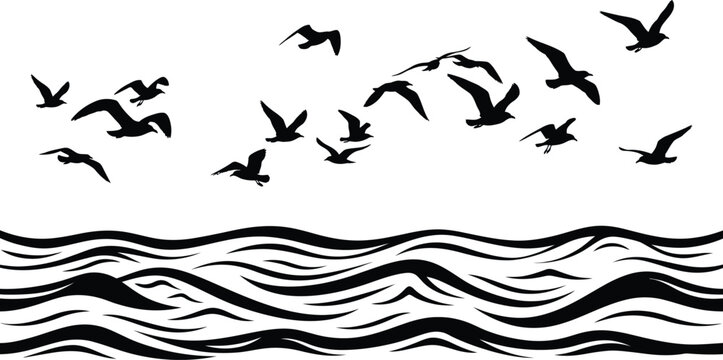Black silhouette of flying seagulls over wavy ocean water flying birds ocean waves wavy water