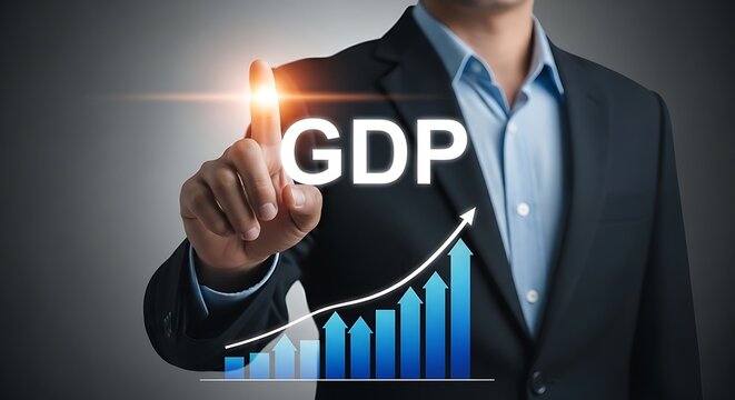 Businessman's finger touches gdp text with rising blue bar graph and arrow gross domestic product economy