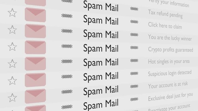 Detailed close-up shot of multiple spam emails filling a digital inbox. Focused view highlights scams, phishing attempts, and urgent messages under soft, even lighting.