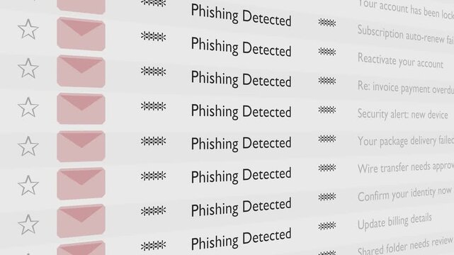 Animated close-up of an email inbox with highlighted warnings, phishing detected messages and blurred security alerts. Bright lighting, clean composition, cybersecurity concept, no people.