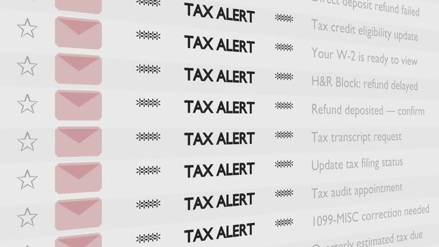 Animated close-up of a digital inbox packed with urgent 'TAX ALERT' emails, showing notifications about refunds, audits, and compliance. Clean, sharp, high-contrast close-up shot.