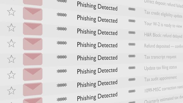Animated sequence of an email inbox with multiple 'Phishing Detected' alerts highlighted. Clean digital interface, no people, high-key lighting, ideal for cybersecurity or tech themes.