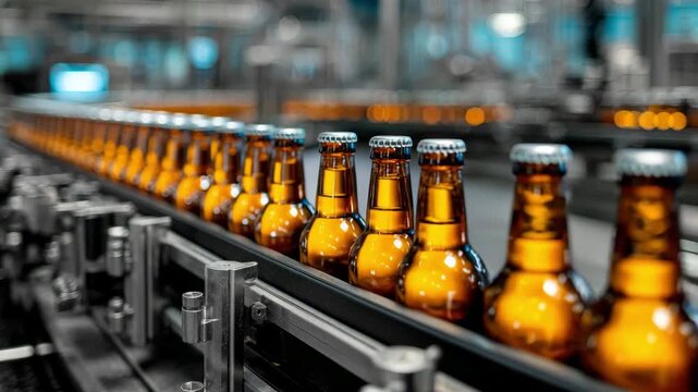 Rows of bottled beer traveling on a factory production line
