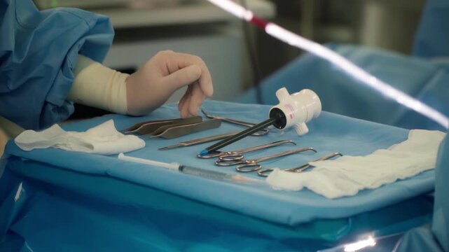 Surgical clamps and medical equipment on green surgical tray inside operating room.