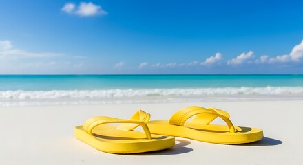 Obraz premium Yellow Flip-Flops on a Pristine White Sand Beach with Turquoise Ocean and Blue Sky.