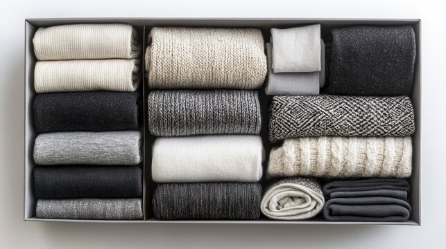 Neatly organized socks in a gray box, various colors and textures.
