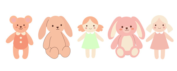 Obraz premium Collection of soft plush toys including teddy bear stuffed bunnies and small dolls in pastel pink orange and green outfits on white background for nursery room and early age playroom themes