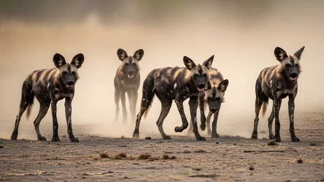 A Pack of African Wild Dogs Walking Together in the Dust.