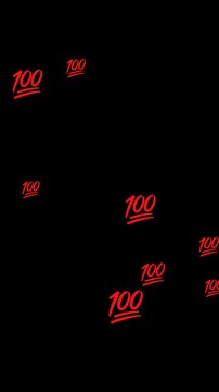 Vertical floating red 100 symbols animation with alpha channel, transparent background, social media reaction overlay, handwritten perfect score marks for stories, reels and video
