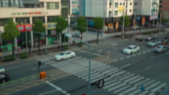 Blurred out of focus view to street road full with traffic cars and buses transportation