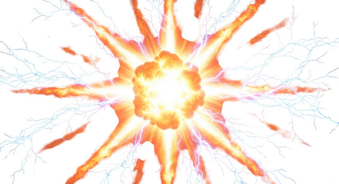 Bright orange starburst explosion with radiating beams of light and jagged blue electric lightning bolts on a black background