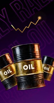 Vertical mobile social media footage, 3D oil barrels with upward financial growth chart on purple background, ideal for business video loop, economics stock market, and petroleum trading.