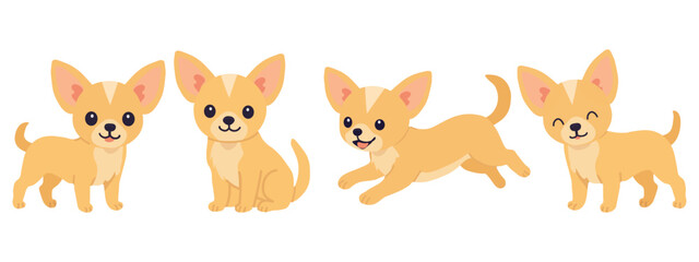 Fototapeta premium Comprehensive set of smooth-coated fawn chihuahua dogs in various poses including sitting standing and running with different facial expressions isolated on white background for pet care themes