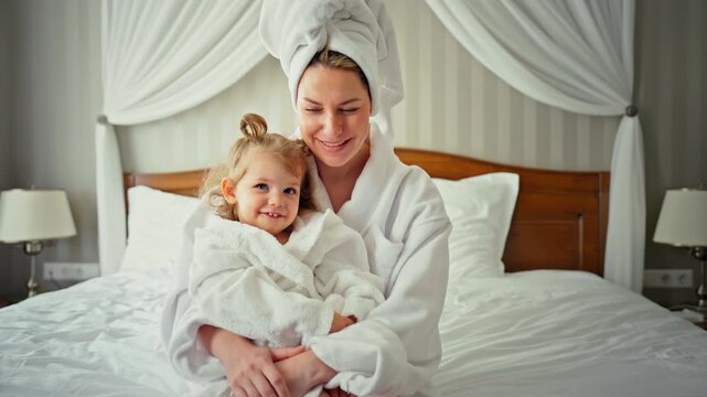Happy mother and her little daughter wearing white bathrobes and towels on their heads sitting on a bed after a bath, hugging, smiling, and having fun together in a hotel room
