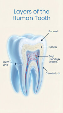 3d dental anatomy infographic showing human tooth layers enamel dentin pulp cementum gum line for dentistry education oral health clinics medical publishing teaching resources posters