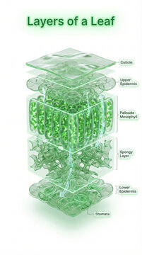 Leaf layer structure botanical infographic showing cuticle upper epidermis palisade mesophyll spongy layer stomata concept for biology classroom reference poster textbook teaching display