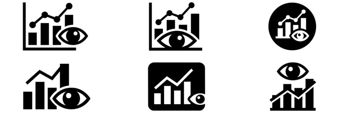 Set of black business analytics and market research icons with charts and eye symbols