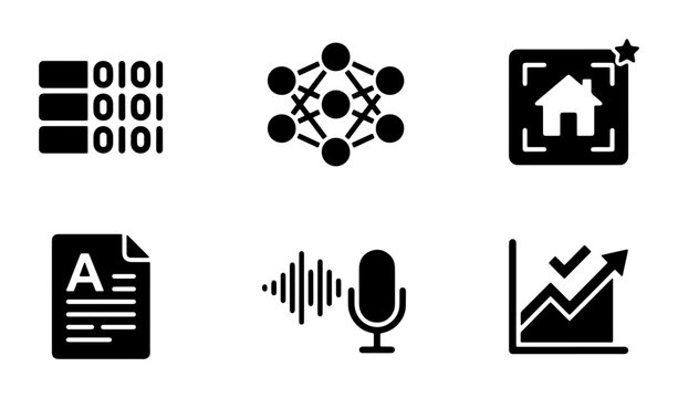 AI and Data Icons Set: Neural Network, Binary Code, Document, Microphone, Analytics Chart, Property Scan