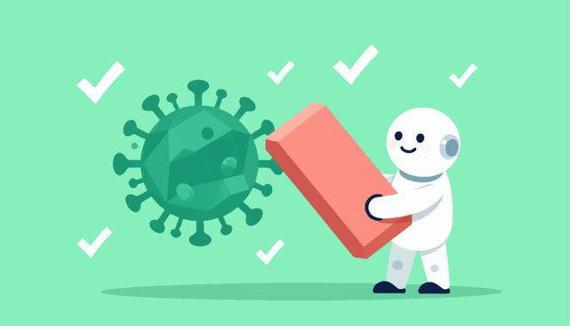 Robotic assistant removes virus illustration, symbolizing pandemic eradication and technological advancement