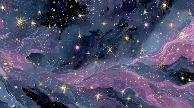 Cosmic Swirls: Starry Night Sky with Purple and Gold Galaxy Art