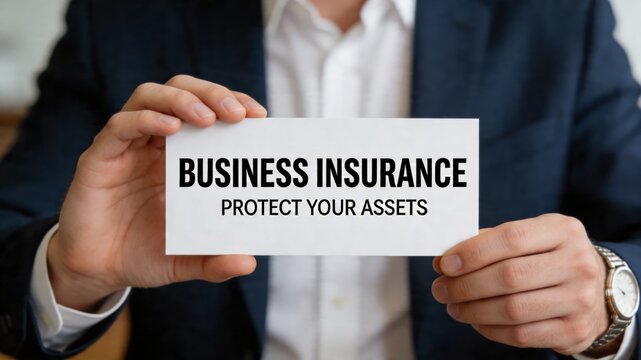 Businessman holding a card with business insurance and protect your assets written on it, emphasizing risk management and financial security