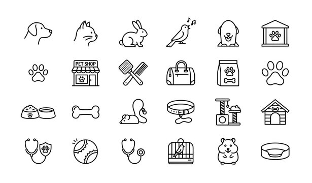 Collection of pet care icons: dog cat rabbit bird hamster pet food pet shop collar leash bone grooming tools