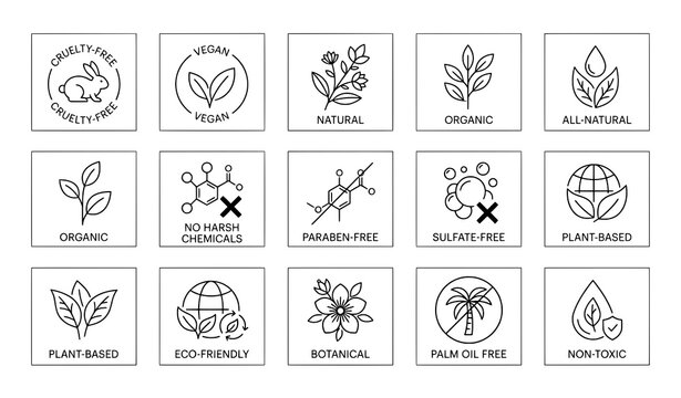 Collection of icons for natural organic plant-based products with cruelty free no harsh chemicals non toxic