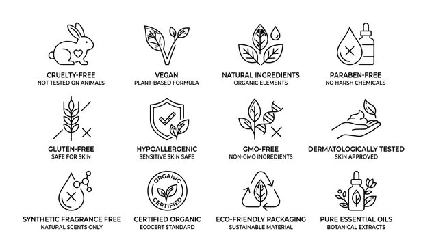 Organic and natural skincare icons: vegan cruelty-free eco-friendly labels with plant based, paraben free