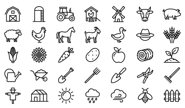 Farm icons set barn tractor animals plants tools with chicken coop hay bale watering can rain cloud