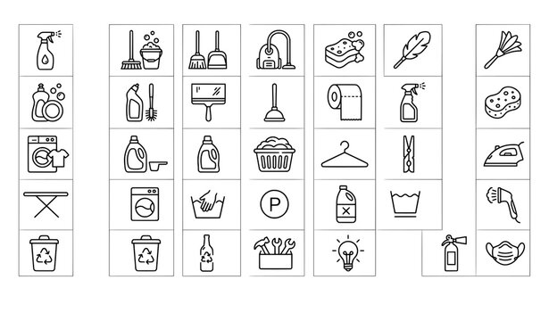 Cleaning supplies and household chores icons: spray bottle bucket with mop brooms vacuum cleaner sponge