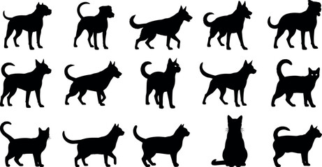 Fototapeta premium Dog and Cat Silhouette Collection with Domestic Pet Animal Poses Vector Illustration SetDog and Cat Silhouette Collection with Domestic Pet Animal Poses Vector Illustration Set