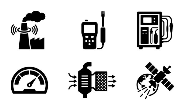 Industrial Icons Set: Factory Emissions, Air Quality Monitor, Satellite, Gauge, and Filtration System Vector Graphics for Environmental Monitoring and Technology Concepts
