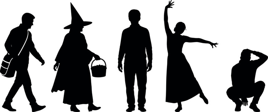 People Silhouette Collection with Walking Man Witch Dancer Standing Person and Squatting Figure Vector Set