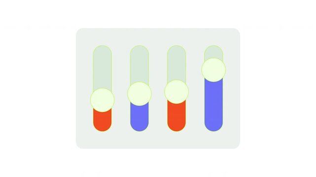 Vertical slider controls animated UI element. Adjustable settings. Sound equalizer. Parameter knobs. Level indicator. Flat dashboard component animation. Interface display panel motion graphic