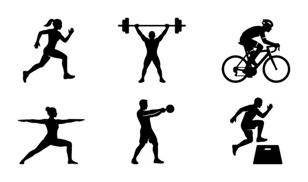 Fitness Icons Set: Running, Weightlifting, Cycling, Yoga, Kettlebell, Plyometrics, Silhouette Graphics for Health and Sport Concepts