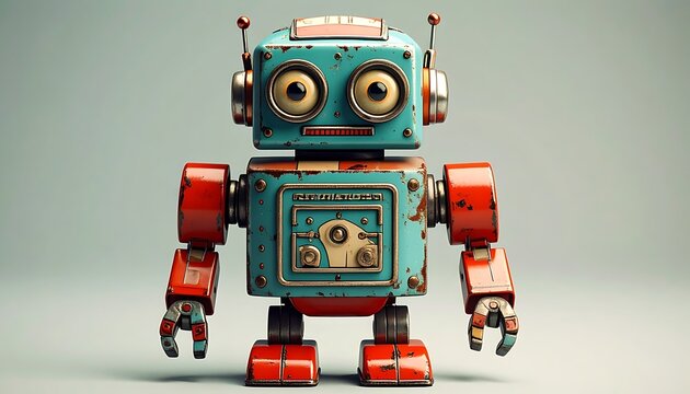 Retro robot with red metal limbs.