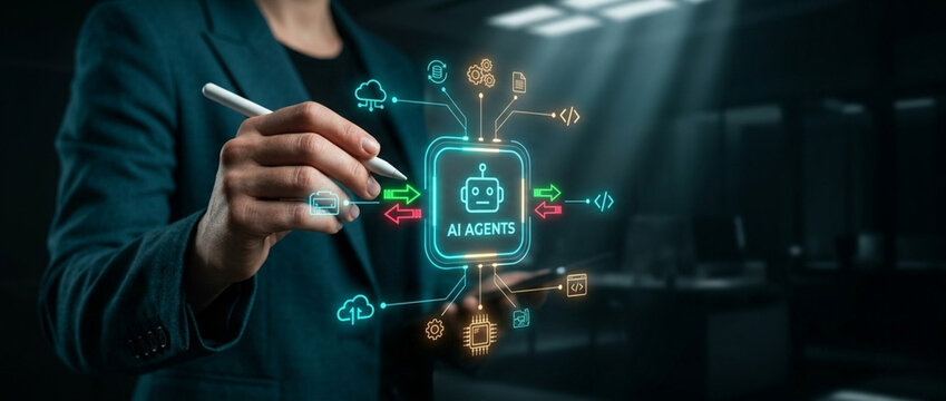Professional using stylus to manage autonomous AI agents and integrated digital workflows on holographic interface, ultra wide 
