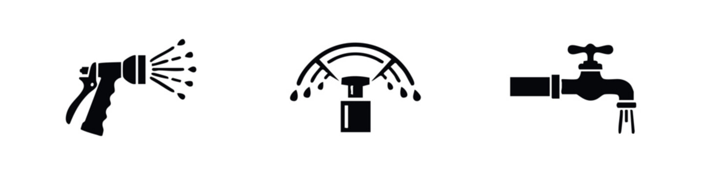 Garden Watering Equipment Icons with Spray Nozzle Sprinkler and Faucet
