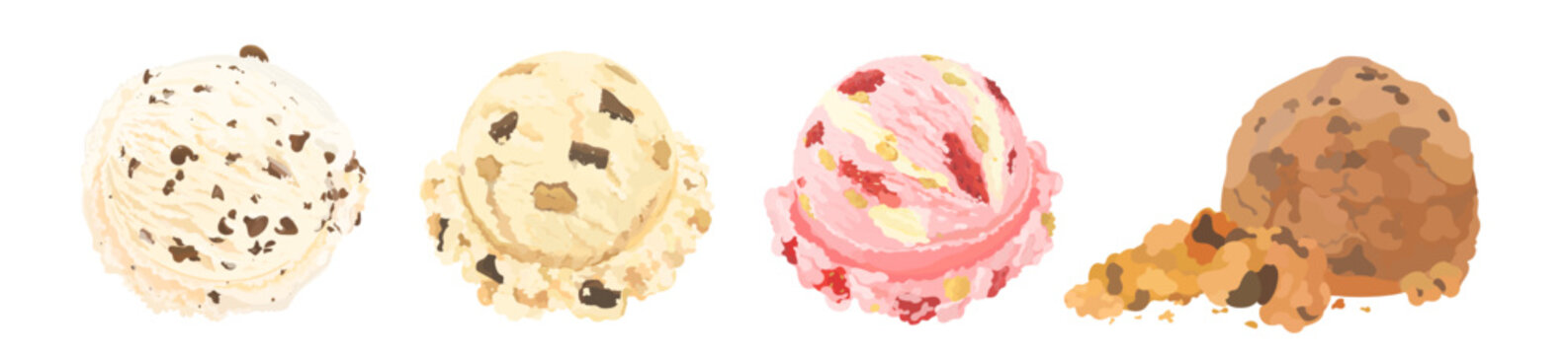 Set of cartoon vanilla, strawberry cheesecake, cookie dough, chocolate ice cream scoop with fruits, nuts and chip. Tasty dessert illustration isolated on white. Perfect for menu, packaging and design.