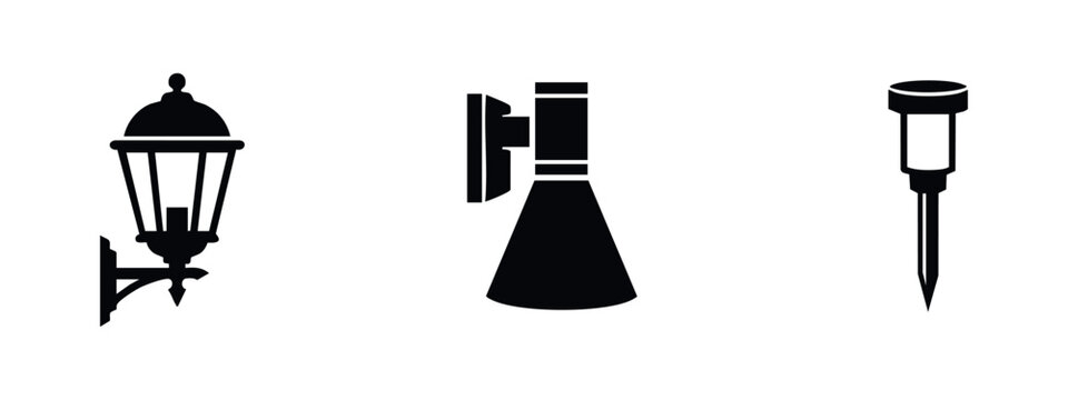 Exterior and garden lighting icons including wall lamps and solar spike light