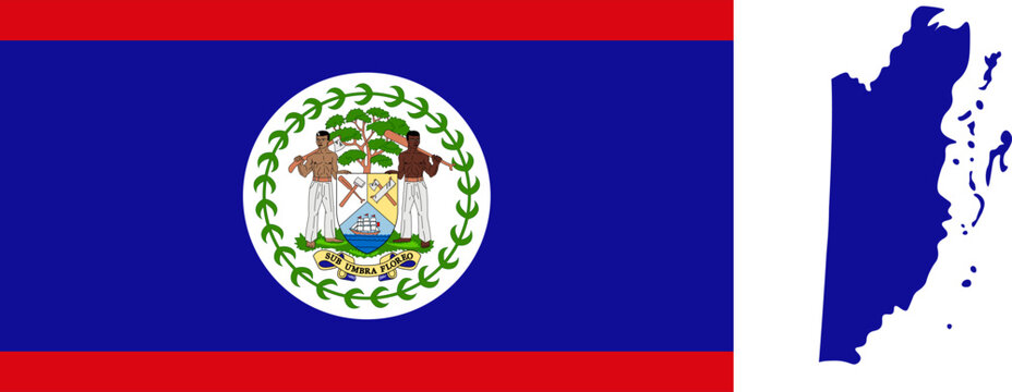 National Flag of Belize Featuring a Royal Blue Field with Two Red Horizontal Stripes and the Central Coat of Arms within a White Circle and 50 Mahogany Leaves. Belize National Flag and map design.