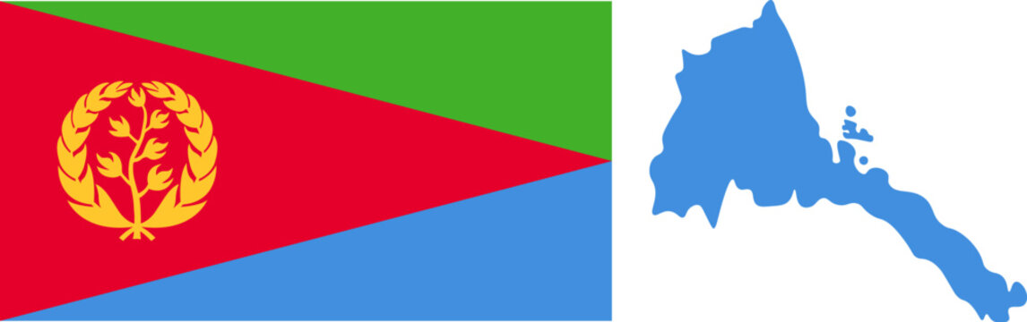National Flag of Eritrea Featuring a Red Isosceles Triangle with a Golden Olive Branch Wreath and Green and Blue Right-Angled Triangles.  Eritrea National Flag and map design.