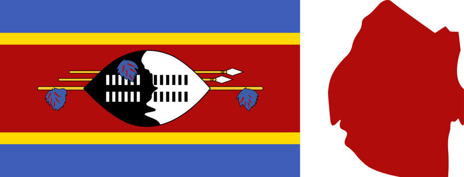 National Flag of Eswatini Featuring Blue Yellow and Red Horizontal Stripes with a Traditional Nguni Shield Two Spears and a Staff Centered. Eswatini National Flag and map design.