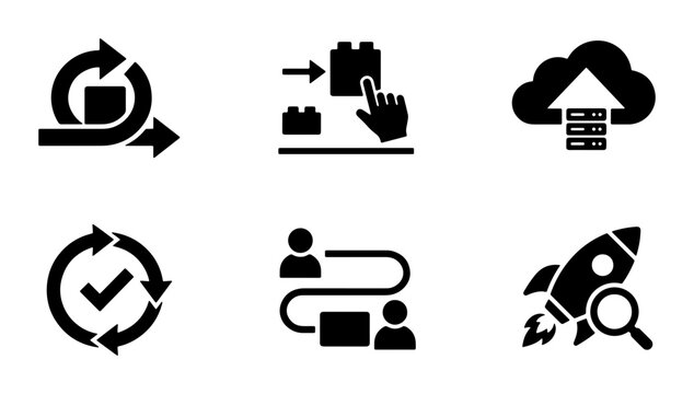 Agile Development Icons Set, Project Management Workflow, Cloud Computing, Team Collaboration, Startup Launch, Business Process Icons