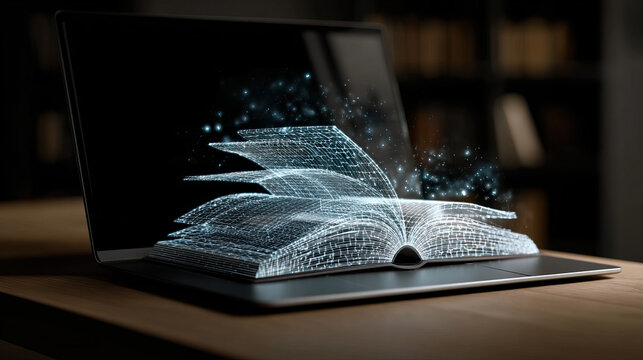 Wireframe open book displayed on computer screen with glowing pages and digital sparks flying out representing digital learning and e book concept in a dark room