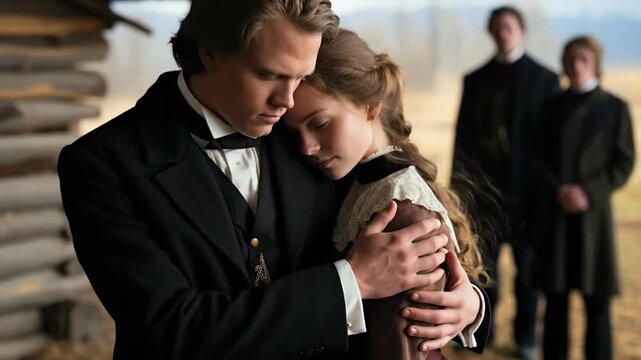 Faithful Mormon couple embracing, a tender moment of solace and unwavering devotion, reflecting historical pioneer struggles and steadfast religious conviction, community support