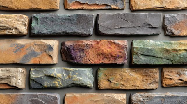 Colorful stacked slate brick wall texture close up