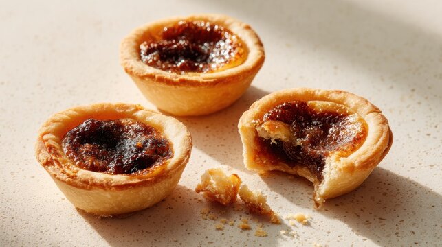 Delicious homemade butter tarts with flaky crusts and rich filling. Three golden butter tarts, one with a bite taken out, sit on a speckled surface, casting soft shadows