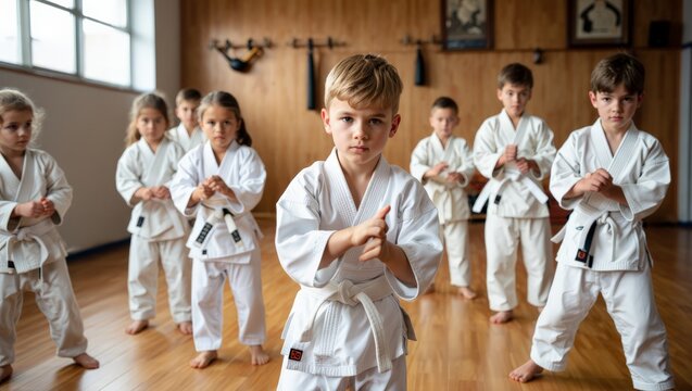 A group of young kids in white karate uniforms standing in a martial arts studio with their hands in a fighting stance, learning discipline and focus.