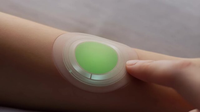 Person activating a futuristic glowing health sensor patch on their arm